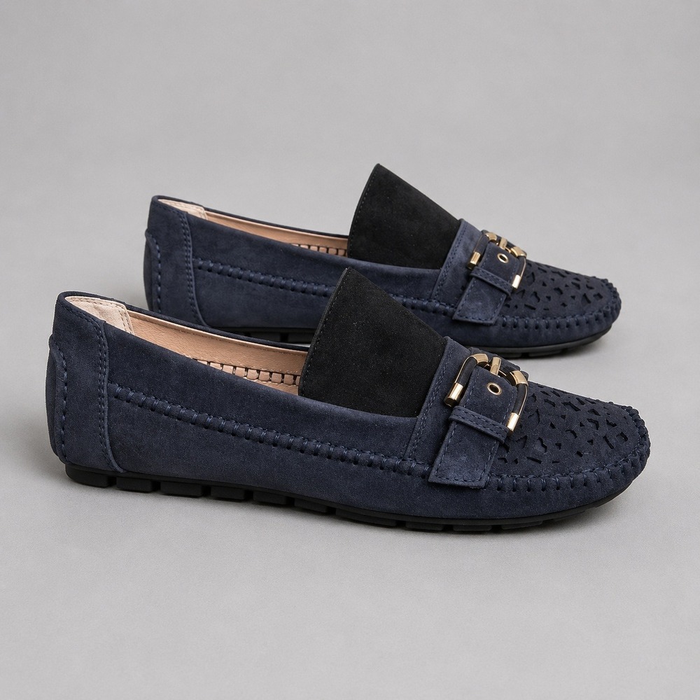 Atalina Womens Size 9 Navy Blue Laser Cut Heart‎ Buckle Driving Moccasin Loafers
